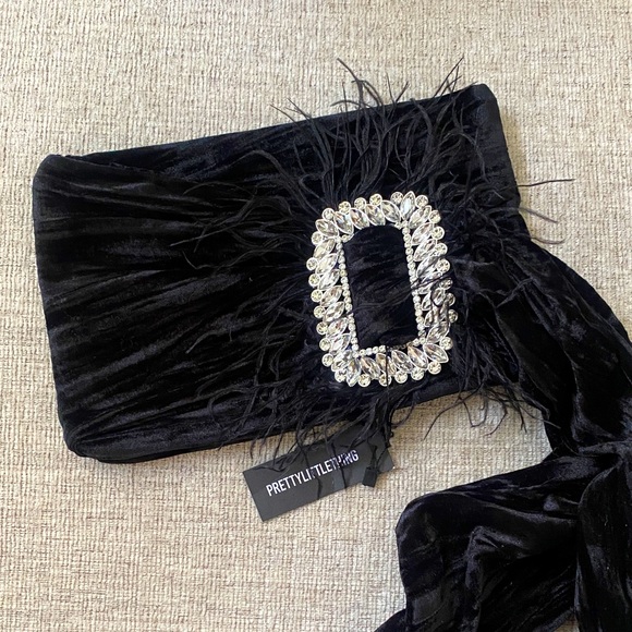 PrettyLittleThing Handbags - PrettyLittleThing Black Velvet Clutch with Crystal Detail NWT!